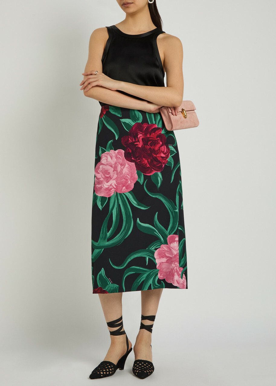LA Double J Floral-print Crepe Midi Pencil Skirt Black