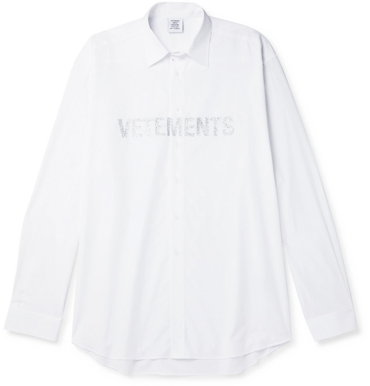 Photo: Vetements - Oversized Glittered Logo-Print Cotton-Poplin Shirt - White