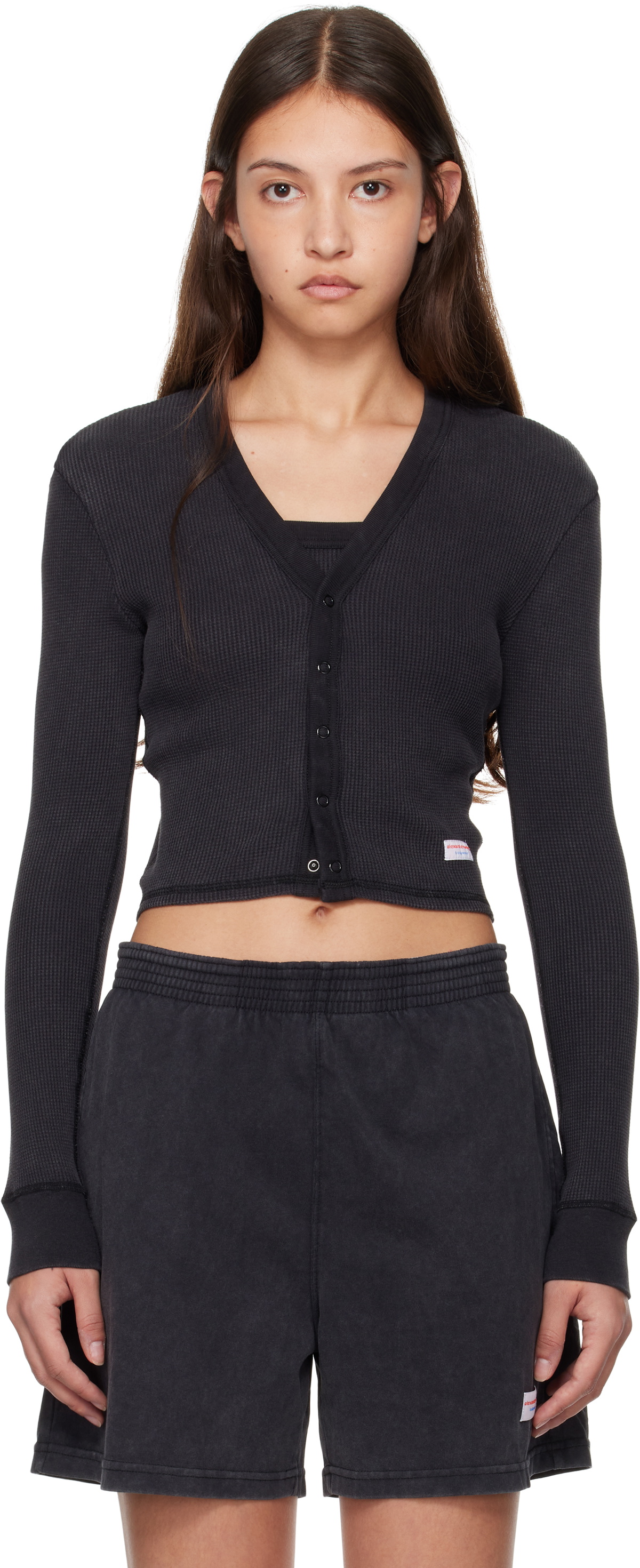 Alexander Wang Black Waffle-Knit Cotton Stretch Cardigan