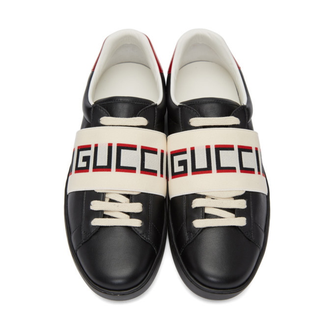 GUCCI Ace Black Leather Elastic Band Sneaker Men’s 5.5 Women’s 7 SEE  MEASUREMENT