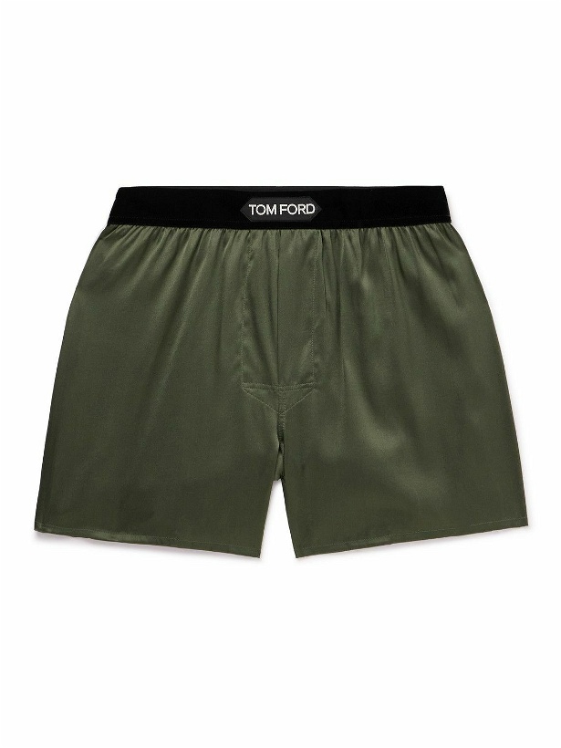 Photo: TOM FORD - Velvet-Trimmed Stretch-Silk Satin Boxer Shorts - Green