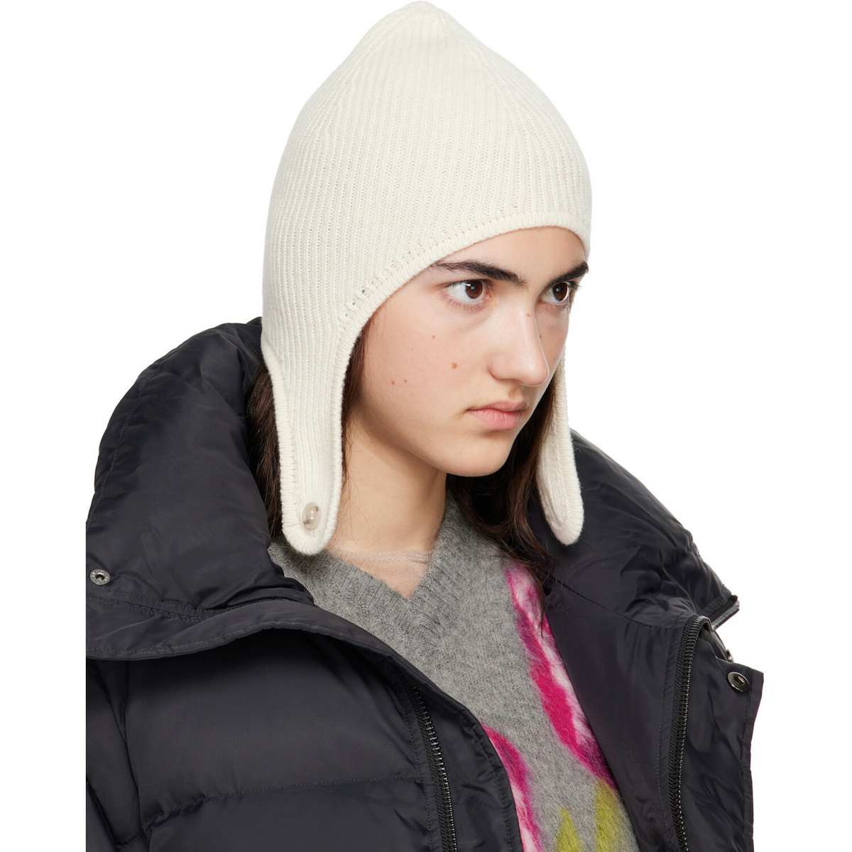 MM6 Maison Margiela Off-White Ribbed Aviator Beanie