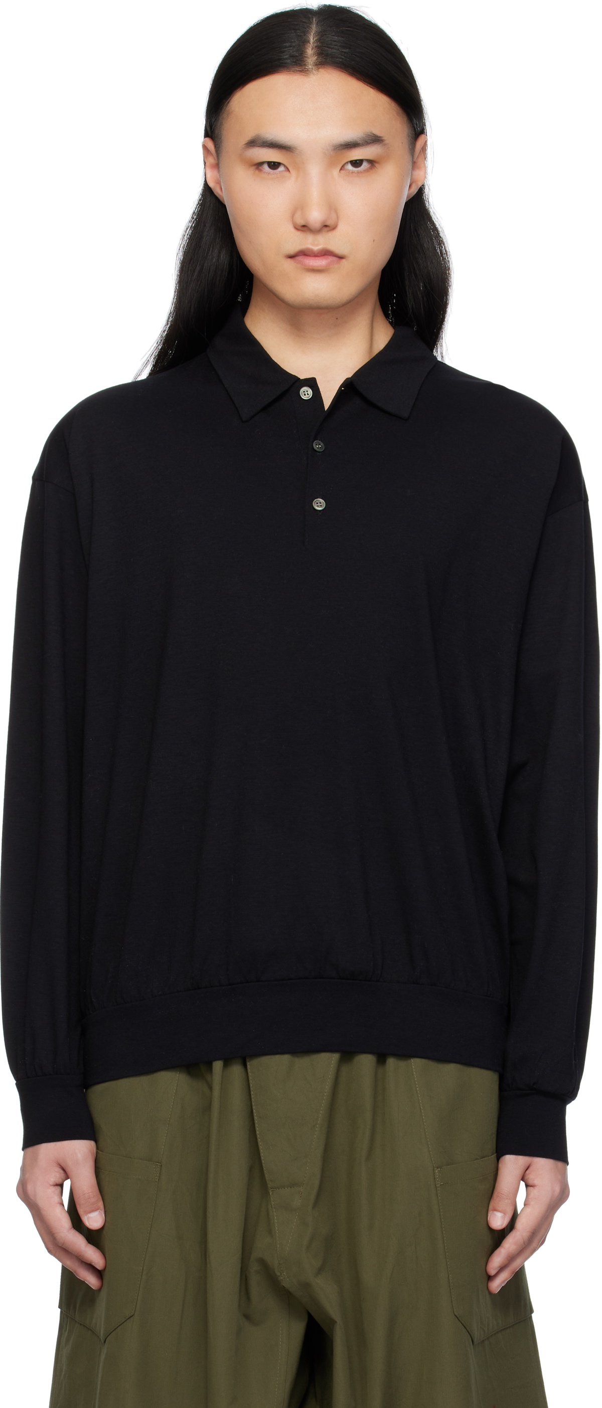 nanamica Black Wool Long Sleeve Polo Nanamica