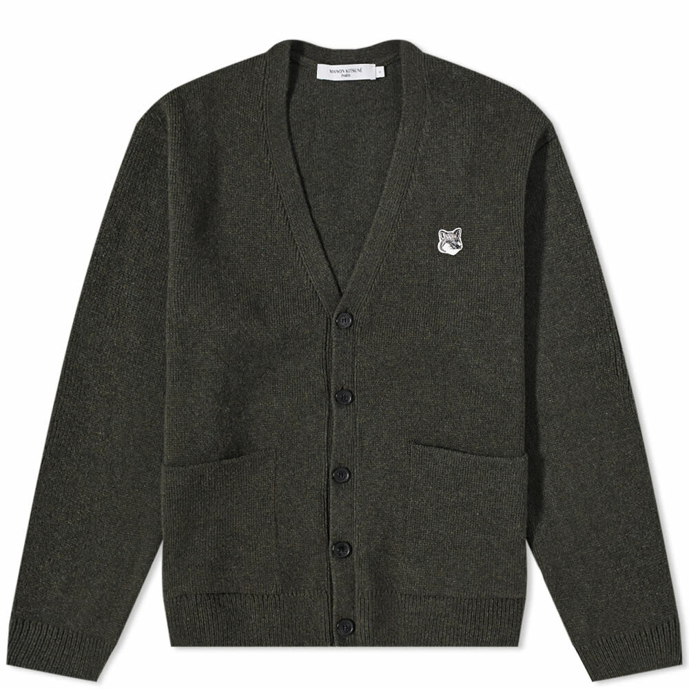 Maison Kitsuné Men's Grey Fox Head Patch Relaxed Cardigan in Khaki