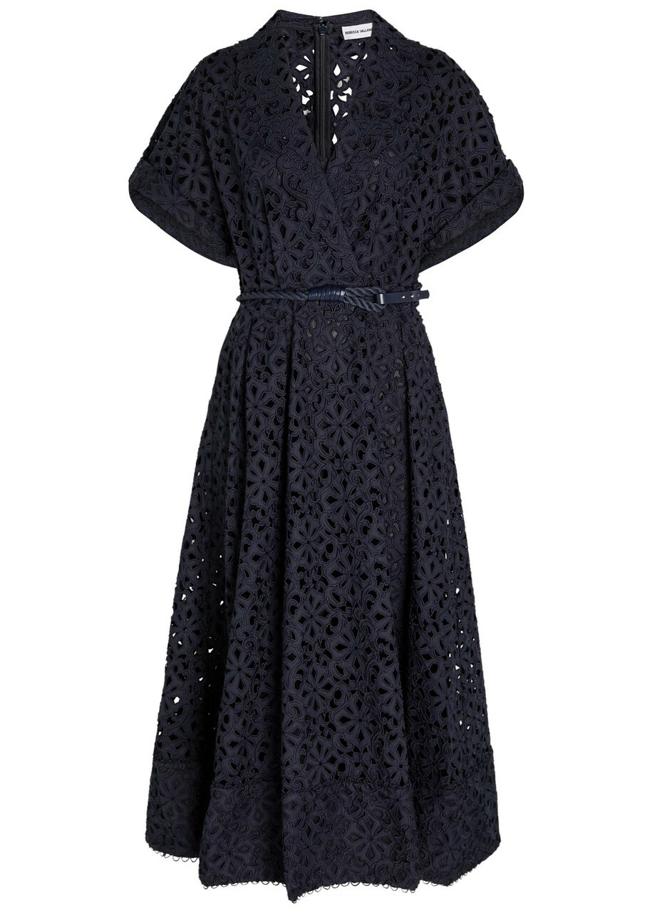 Rebecca Vallance Antalya Embroidered Belted Cotton Midi Dress Navy