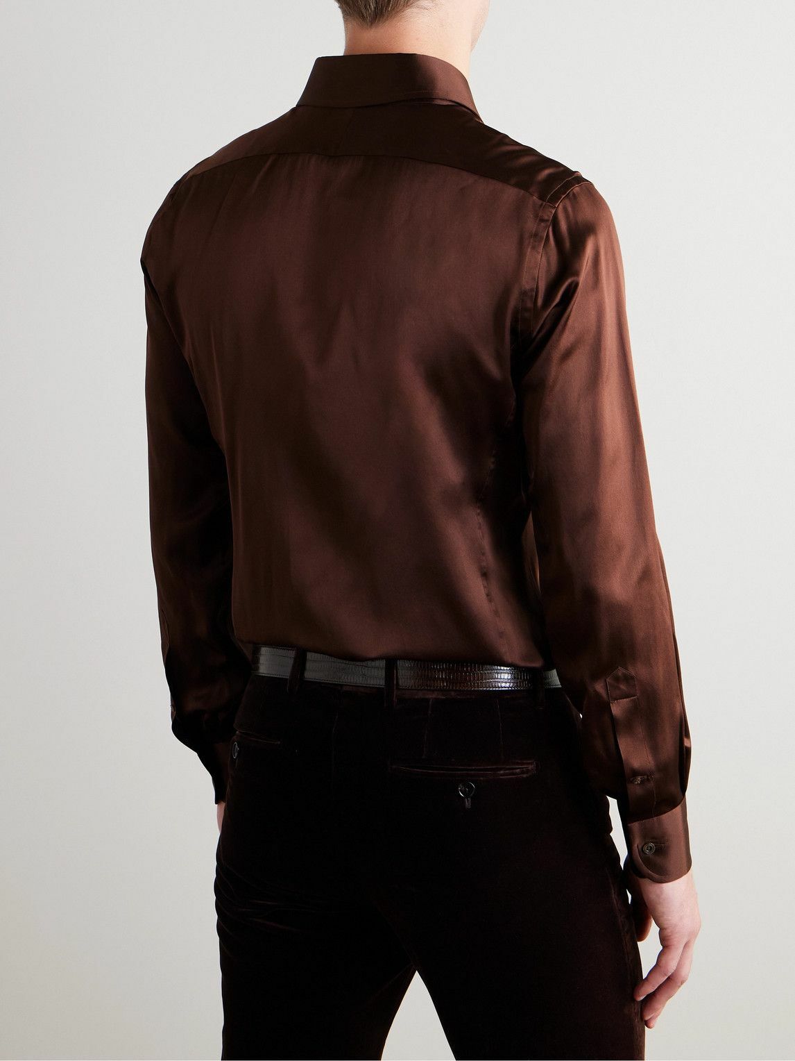 5 9 brown eyes in a sun dress Steven Land Mens Solid Brown Slim Fit Spread Collar Wrinkle Free Stret –  The Suit Depot main image 0
