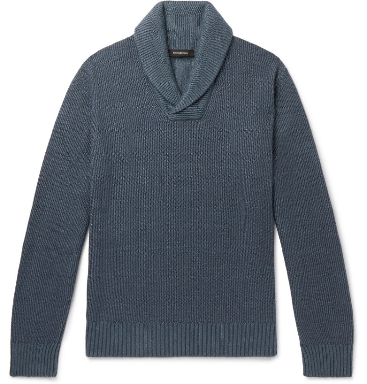 Photo: Ermenegildo Zegna - Shawl-Collar Wool, Cashmere and Silk-Blend Sweater - Blue