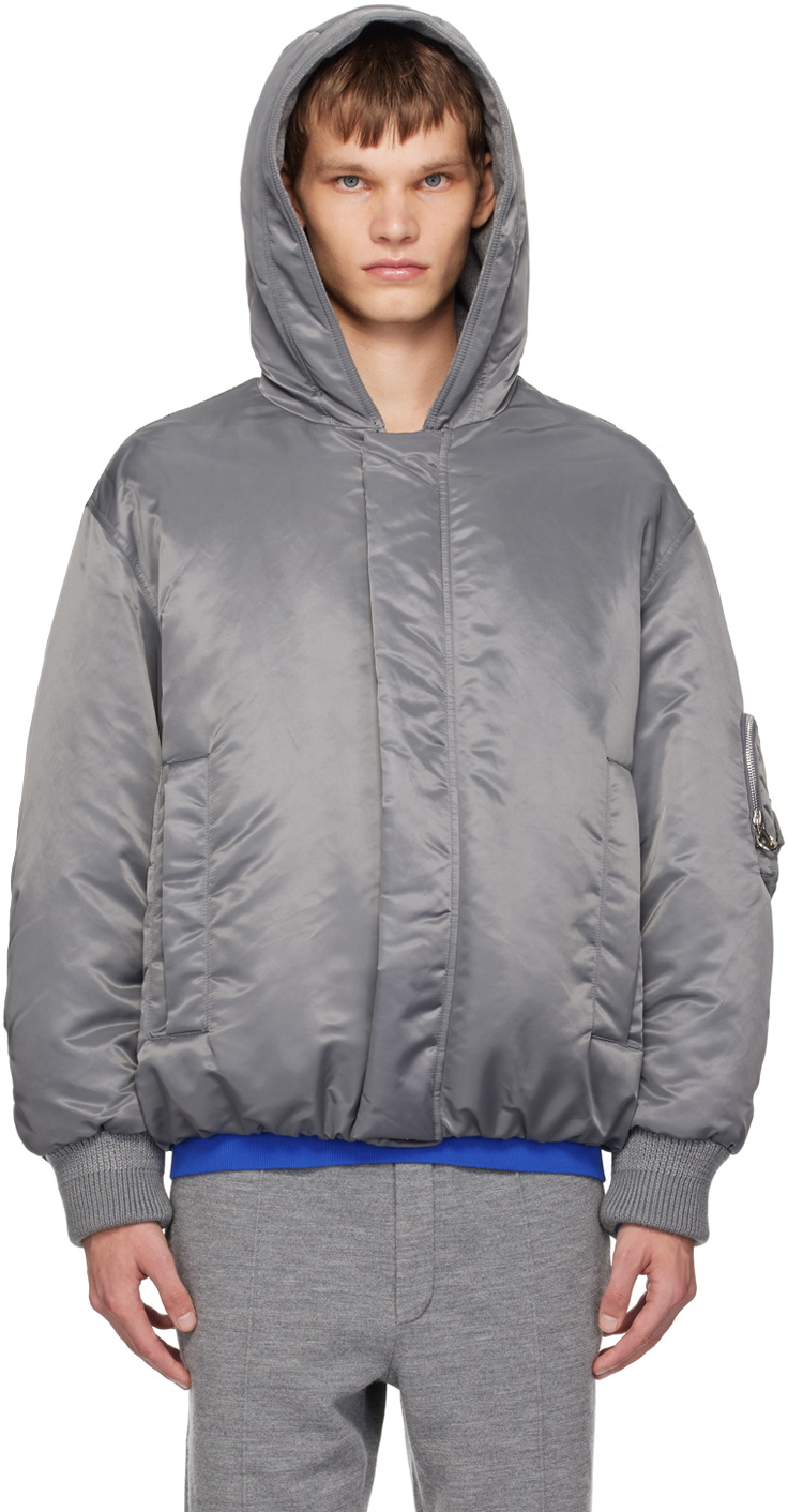 Solid Homme Gray Hooded Bomber Jacket