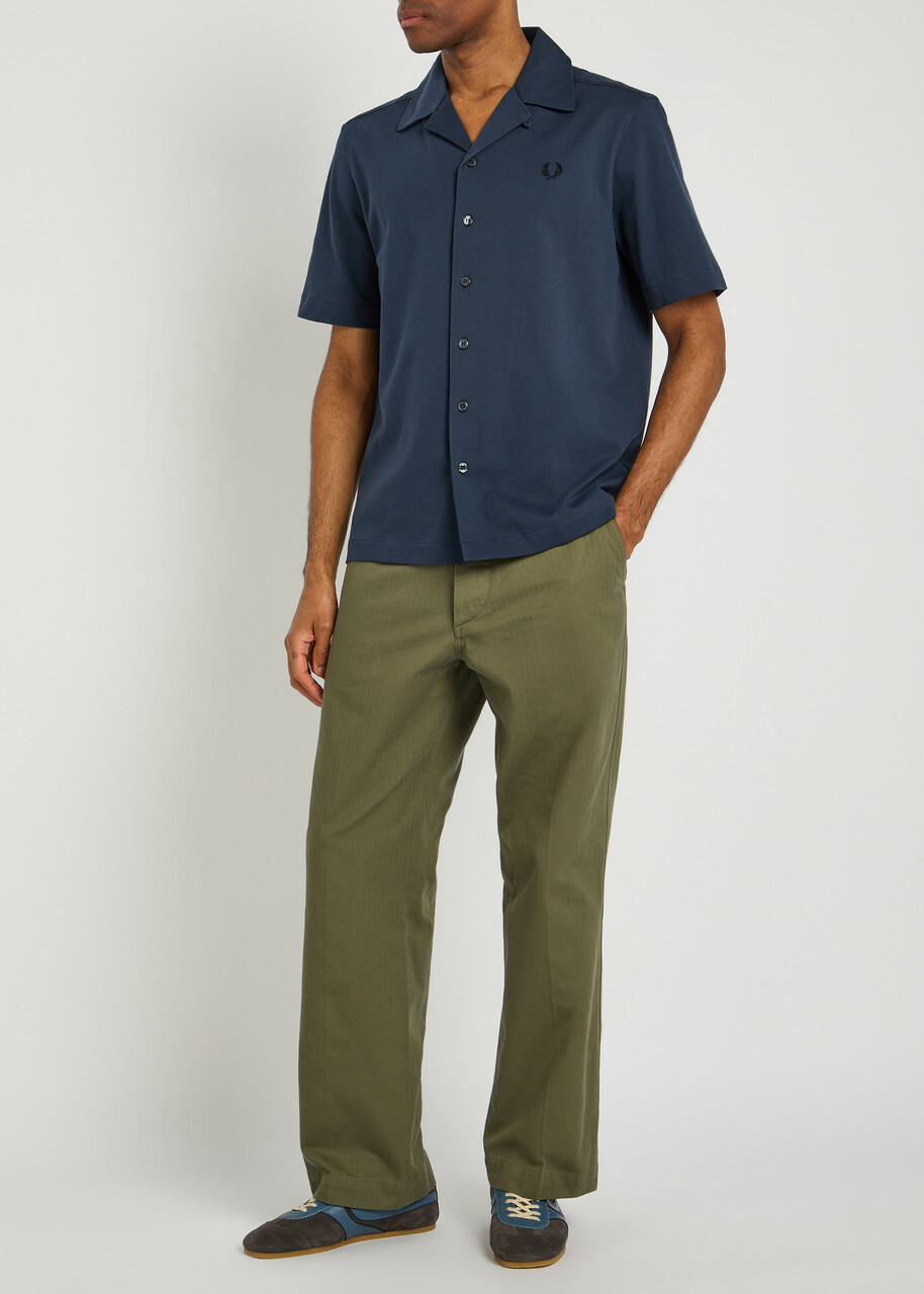 Drake's Herringbone Wide-leg Chino Trousers Khaki