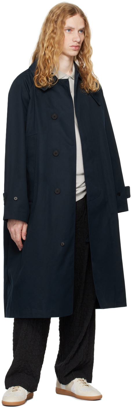 DOCUMENT Navy Ventile Cotton Inverted Pleats Balmacaan Coat