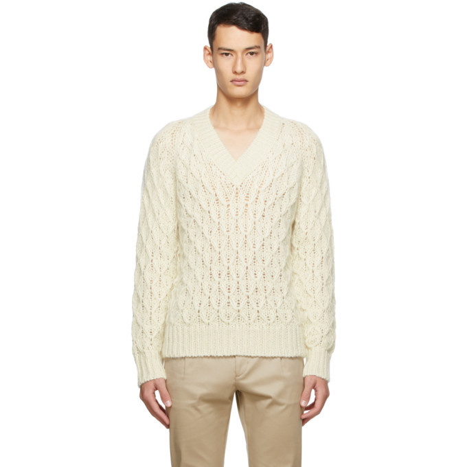 Photo: Saint Laurent Off-White Wool and Mohair V-Neck Sweater