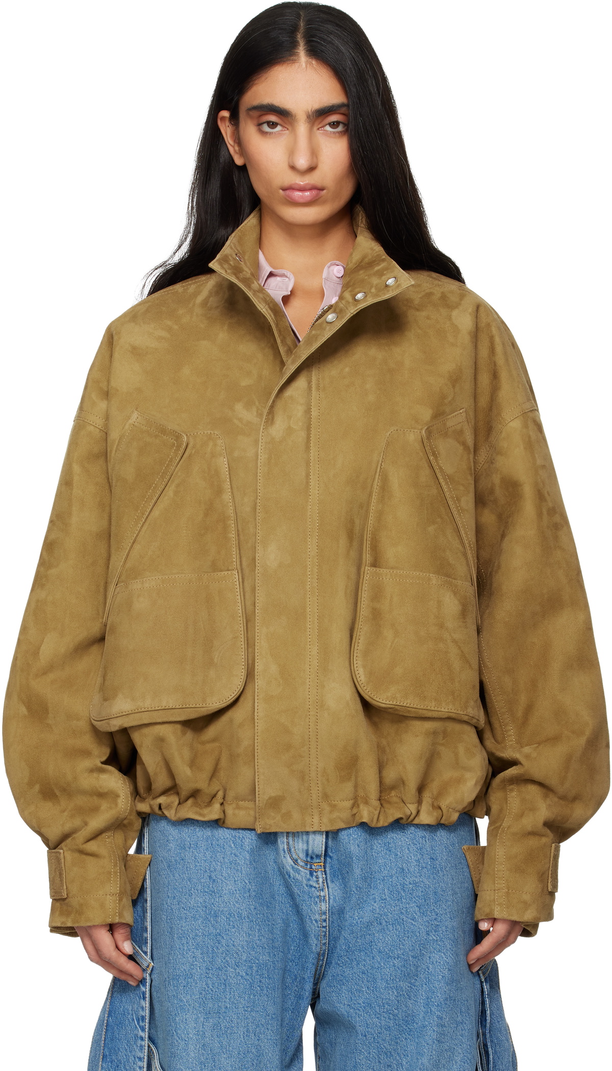 The Attico Tan Suede Bomber Jacket