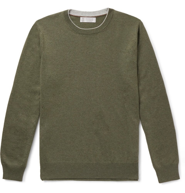 Photo: Brunello Cucinelli - Contrast-Tipped Cashmere Sweater - Green