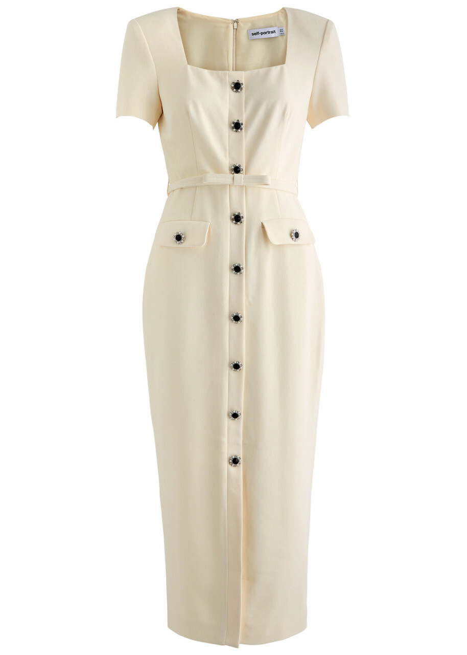 Self-portrait Belted Button-embellished Midi Dress Cream