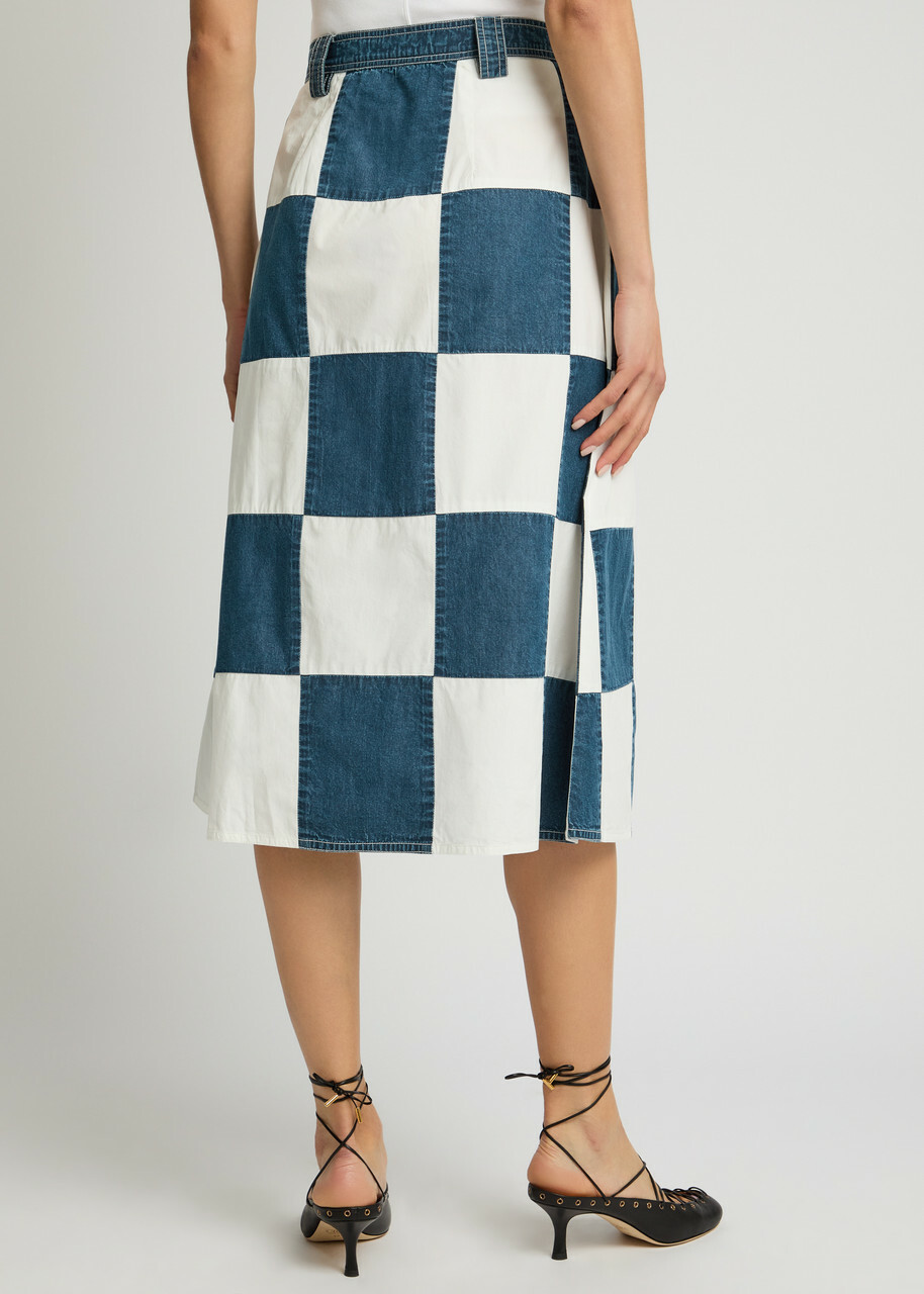 Lovebirds Darcey Checked Cotton and Denim Midi Skirt Blue And White