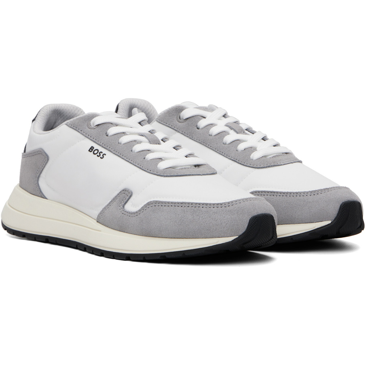 BOSS White & Gray Lightweight Fabric Suede Trim Sneakers