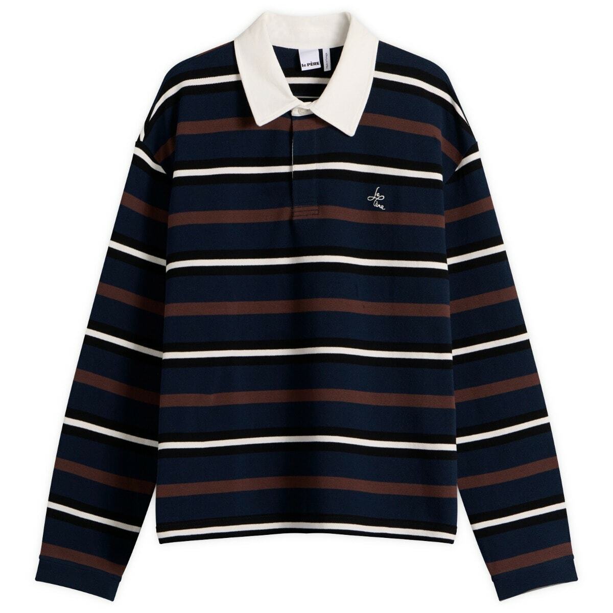 Le Père Men's Long-Sleeve Rugby Polo in Brown Multi Stripe