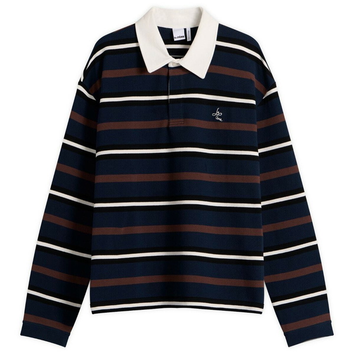 Photo: Le Père Men's Long-Sleeve Rugby Polo in Brown Multi Stripe