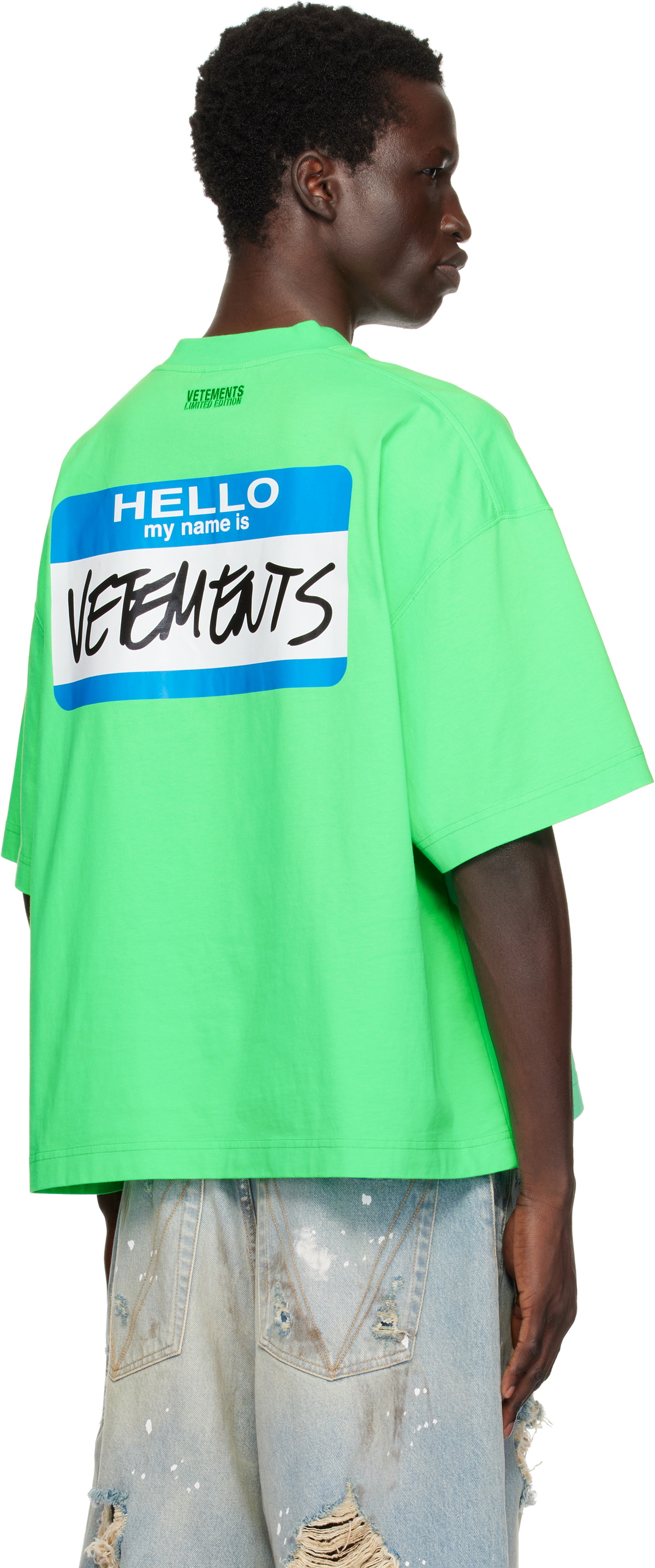 VETEMENTS Green 'My Name' Sticker Cropped Boxy T-shirt Vetements