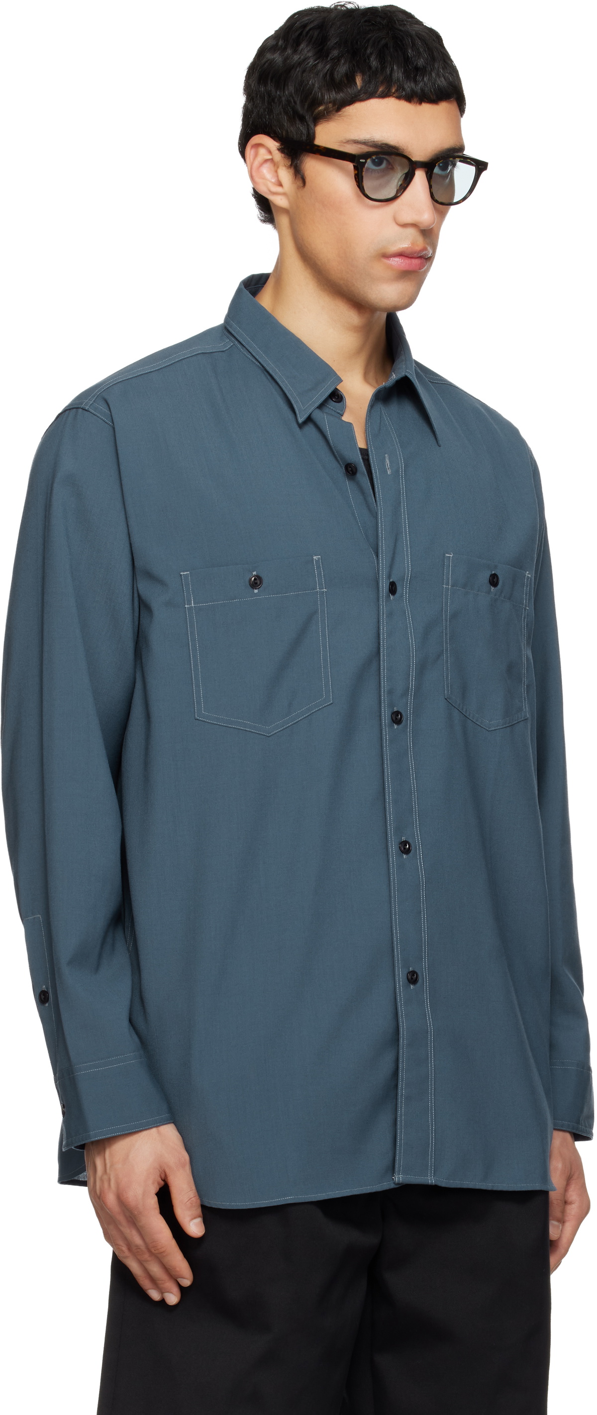 nanamica Navy Polyester Wool Field Shirt