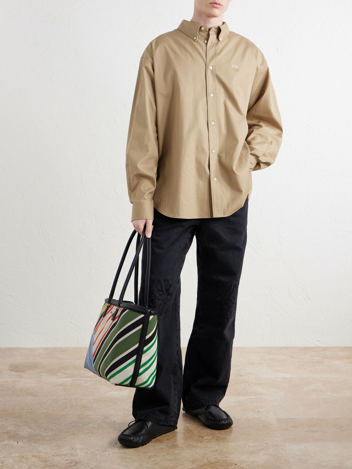 LOEWE - Verano Logo-Embroidered Striped Leather-Trimmed Canvas Tote