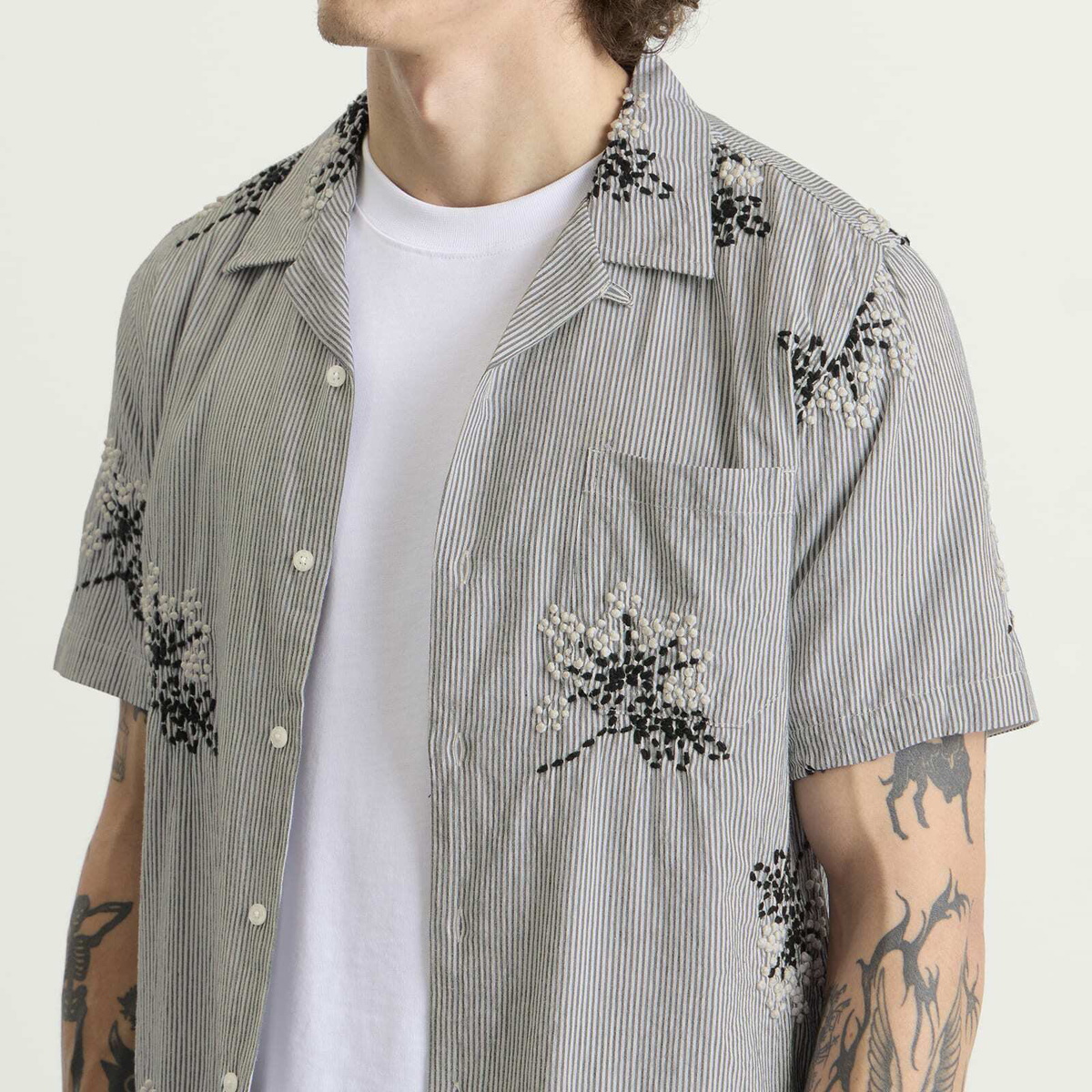 Universal Works Men's Hand Embroidered Stripe Road Shirt in Grey