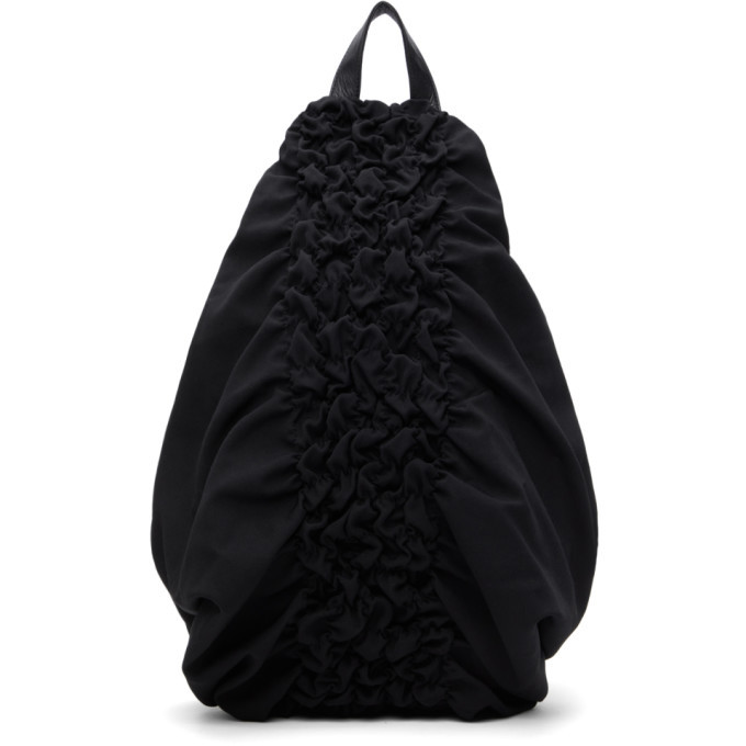 Yohji Yamamoto Black Wool and Leather Shirring Backpack Yohji Yamamoto