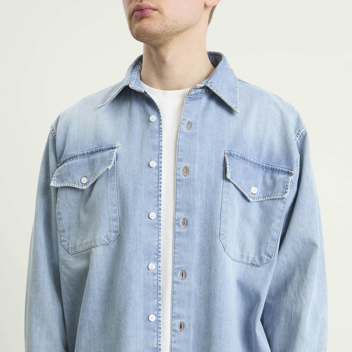 Carter Young Men's Washed Denim Utility Hugo Shirt in Bruce Wash