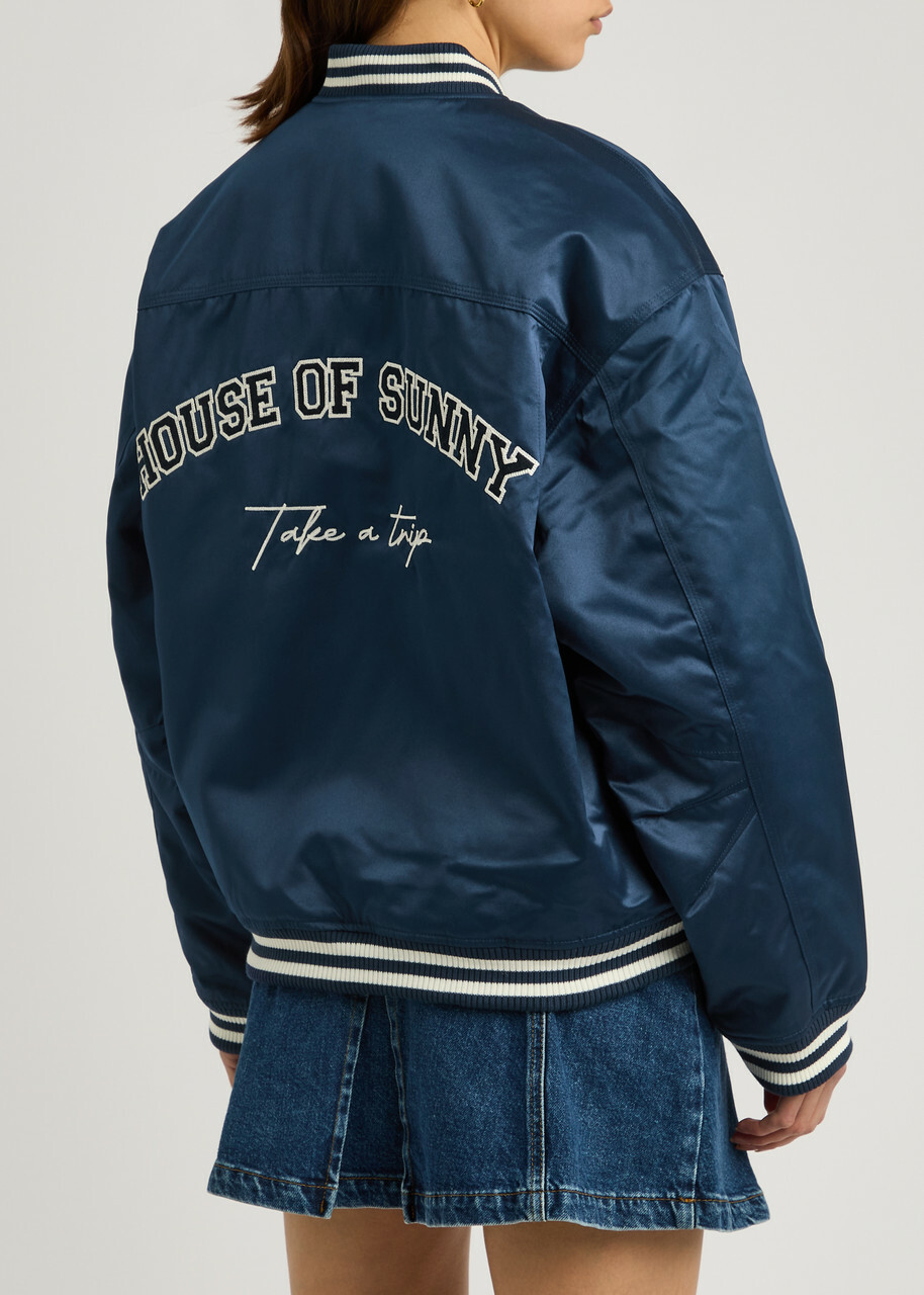 House OF Sunny Satin Club Logo-appliquéd Satin Bomber Jacket Navy