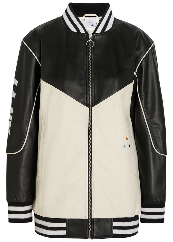 Photo: AN-Y1 Racing Quilted Colour-blocked Leather Bomber Jacket Black And White