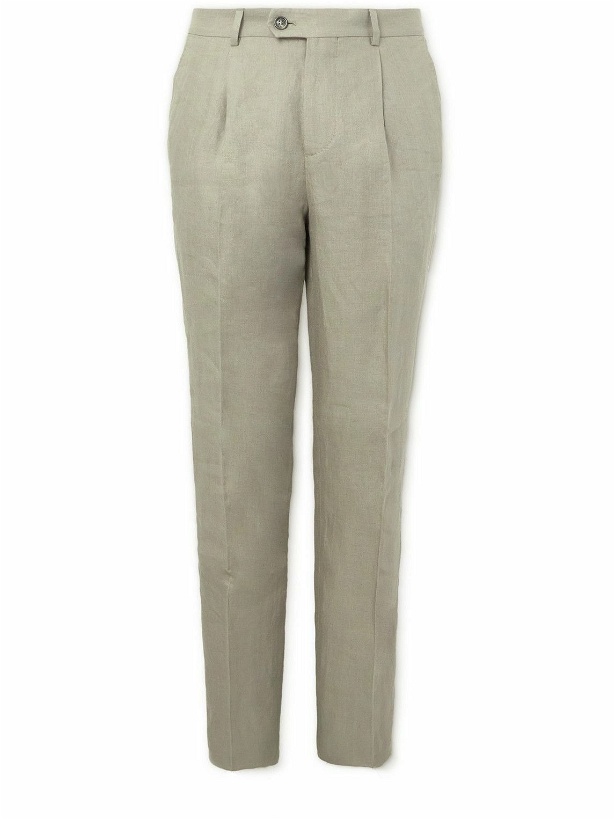 Photo: Brunello Cucinelli - Straight-Leg Pleated Herringbone Linen Suit Trousers - Green