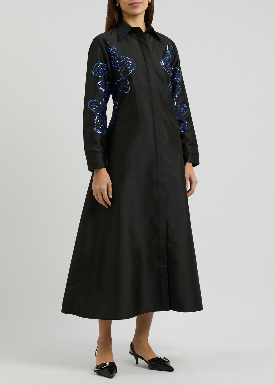 Lovebirds Sequin-embellished Taffeta Midi Shirt Dress Black