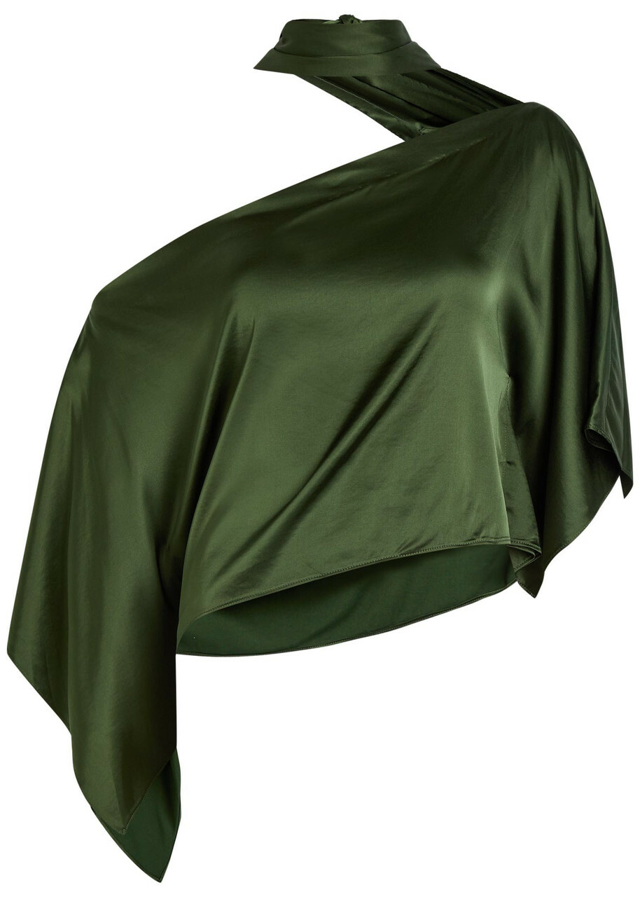 Alice + Olivia Rita Draped Asymmetric Satin top Dark Green