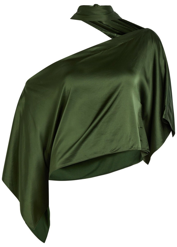 Photo: Alice + Olivia Rita Draped Asymmetric Satin top Dark Green