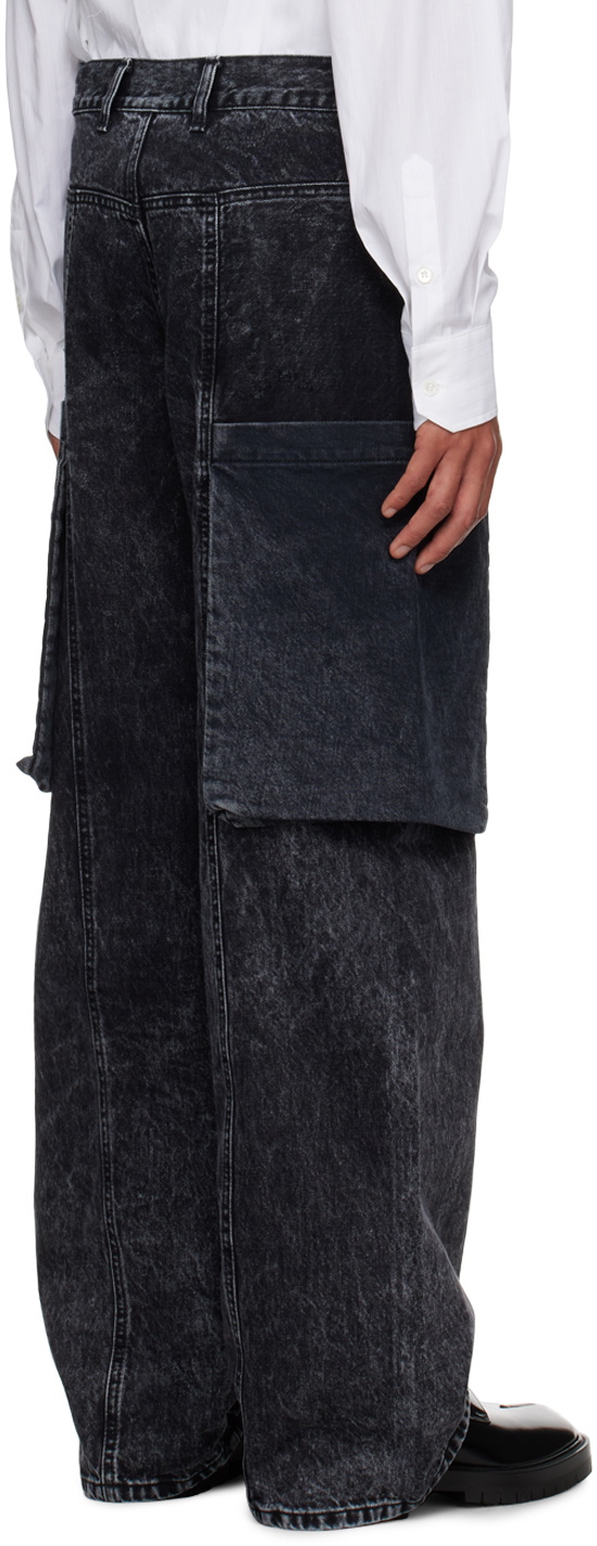 T/SEHNE Black Acid Wash Denim Cargo Pants
