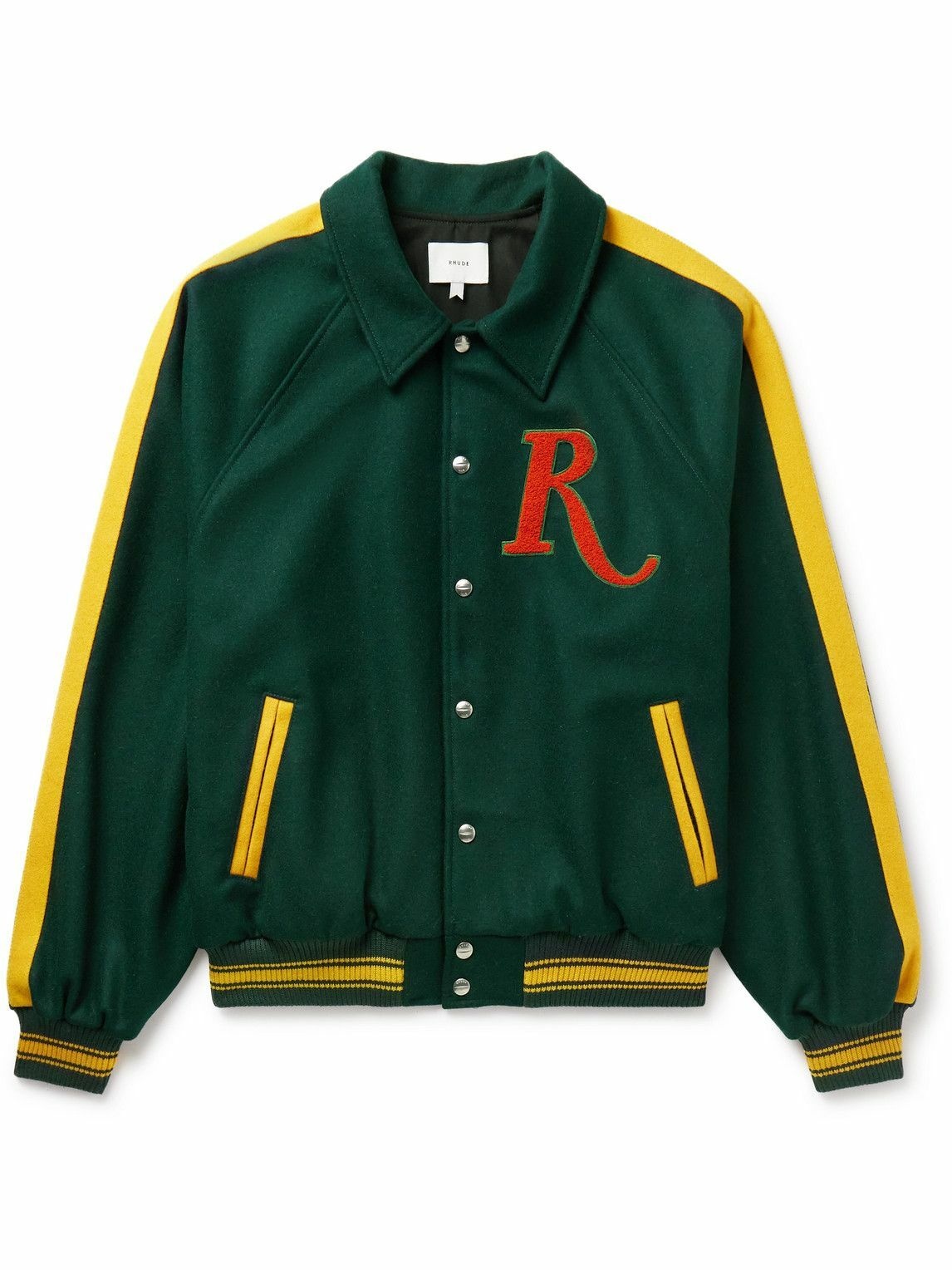 Photo: Rhude - Striped Logo-Appliquéd Wool-Blend Felt Varsity Jacket - Green