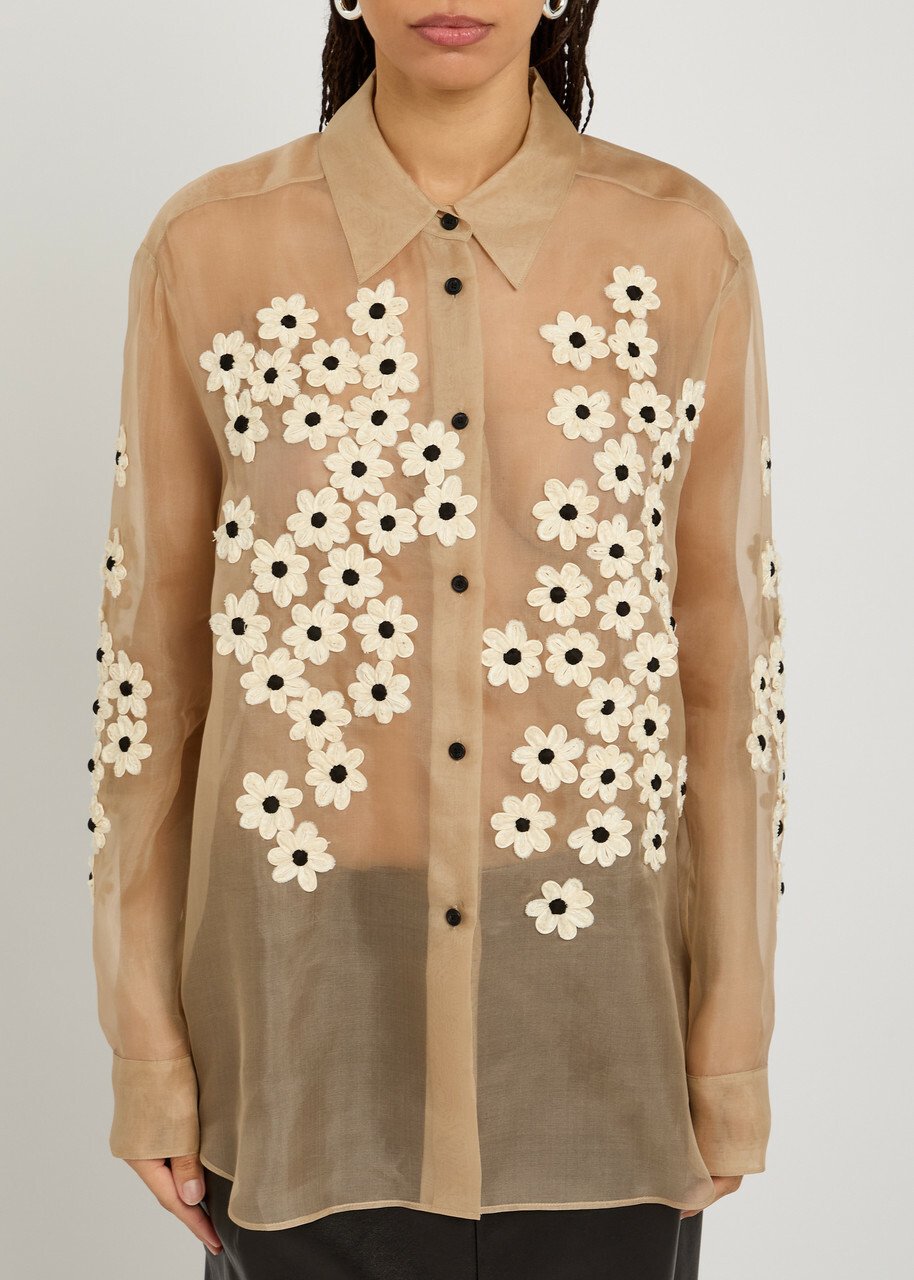 Khaite Argo Floral-appliquéd Silk-chiffon Shirt Beige