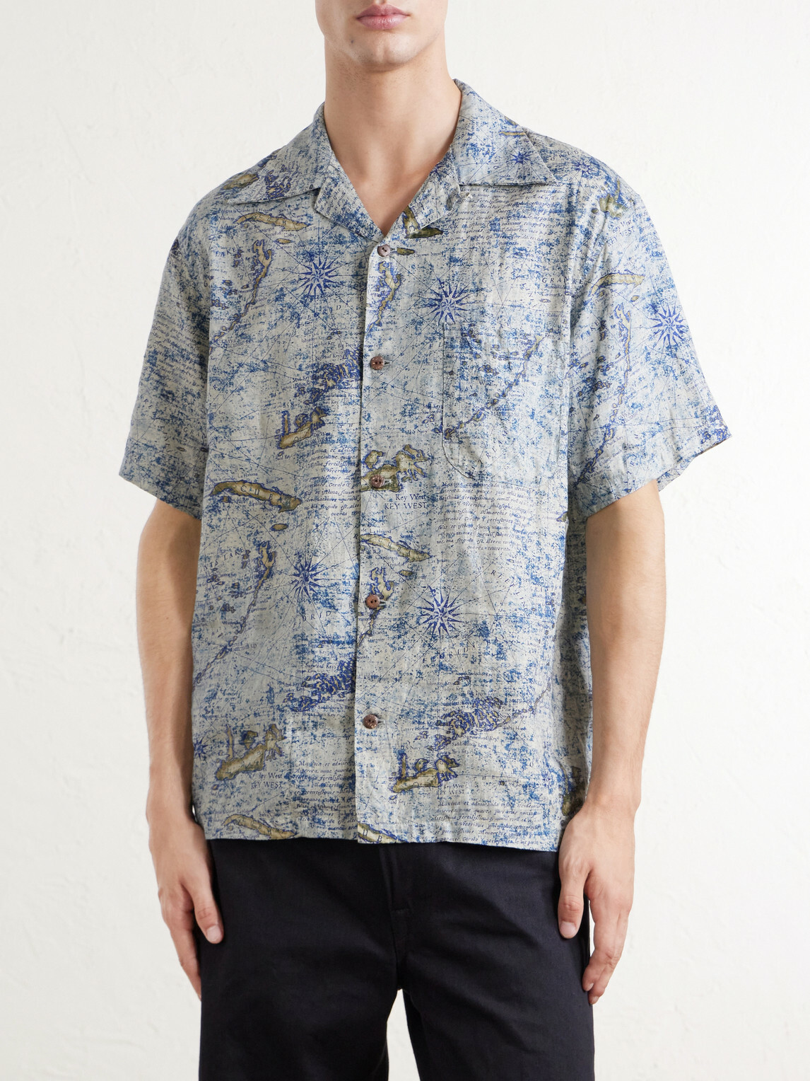 KAPITAL - Key West Camp-Collar Printed Linen Shirt - Blue