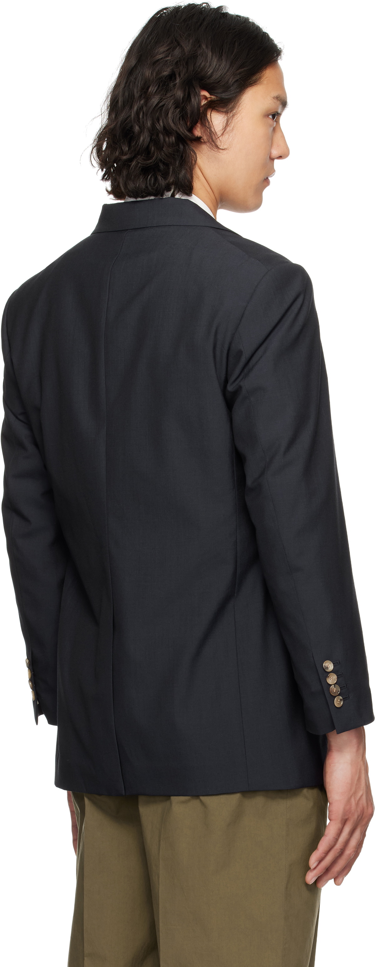 YLÈVE Navy Wool Chambray Blazer