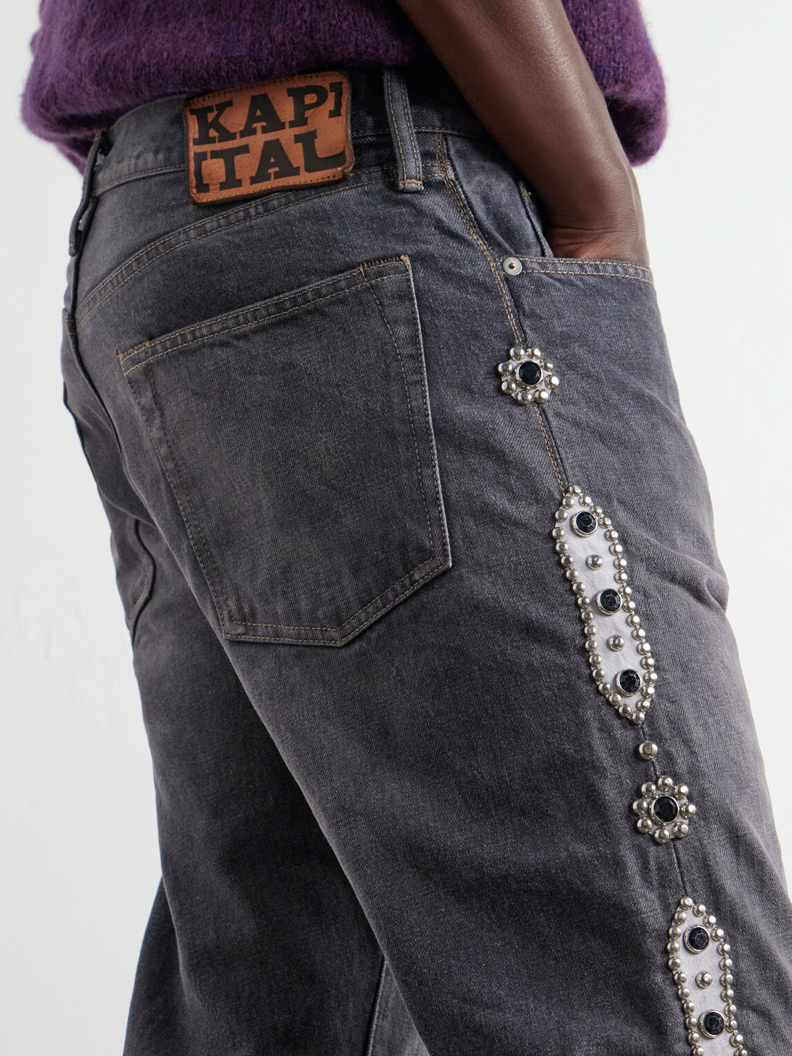 KAPITAL - Monkey Cisco Straight-Leg Leather-Trimmed Embellished Jeans - Black