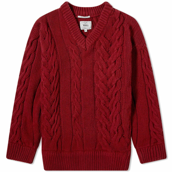 Photo: Daniëlle Cathari Women's x Woolrich Oversized Cable Knit in Dark Red