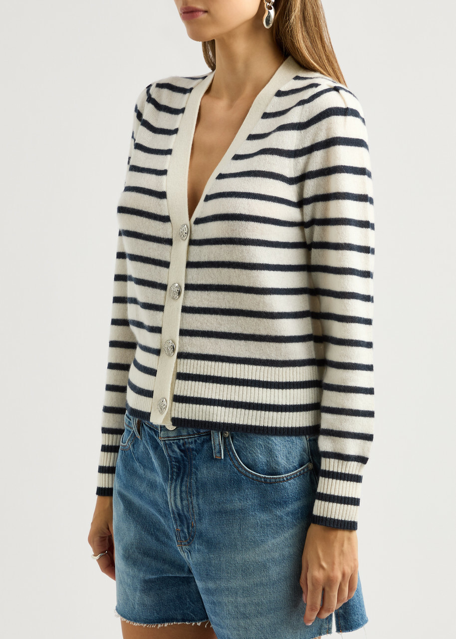Veronica Beard Solene Striped Cashmere Cardigan Cream