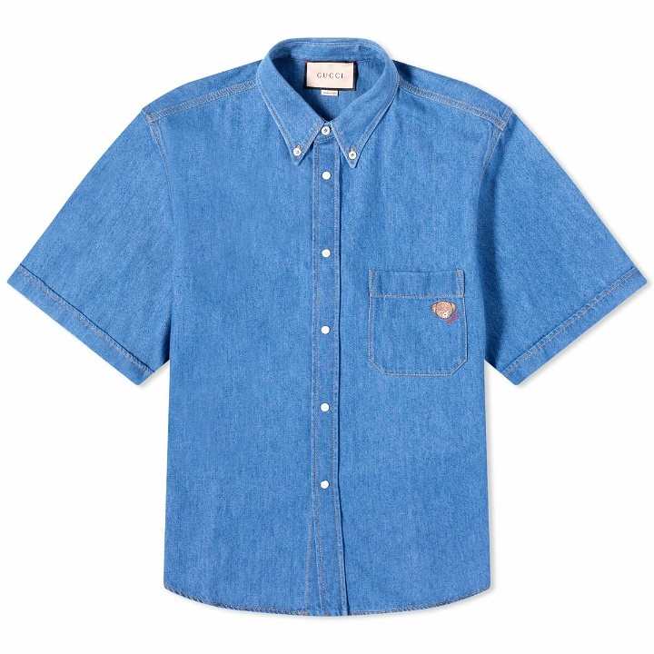Photo: Gucci Men's Pocket Logo Short Sleeve Denim Shirt in Blue