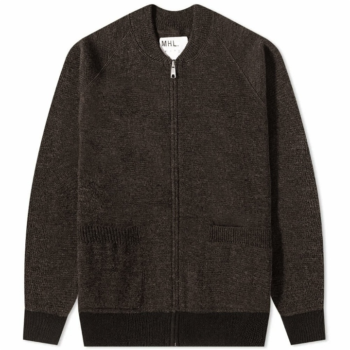 Photo: MHL by Margaret Howell Men's MHL. by Margaret Howell Knitted Bomber Jacket Cardigan in Brown/Black