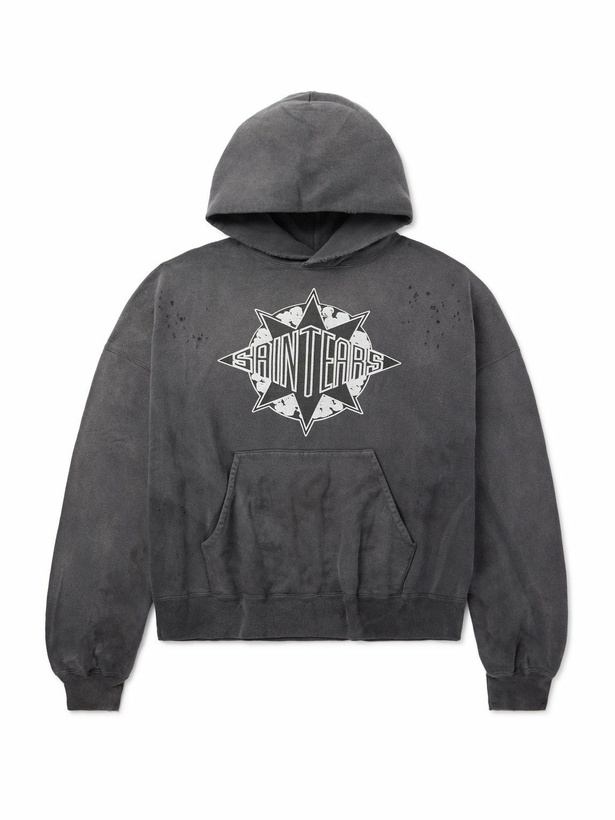 Photo: SAINT Mxxxxxx - Denim Tears Logo-Print Distressed Cotton-Jersey Hoodie - Gray