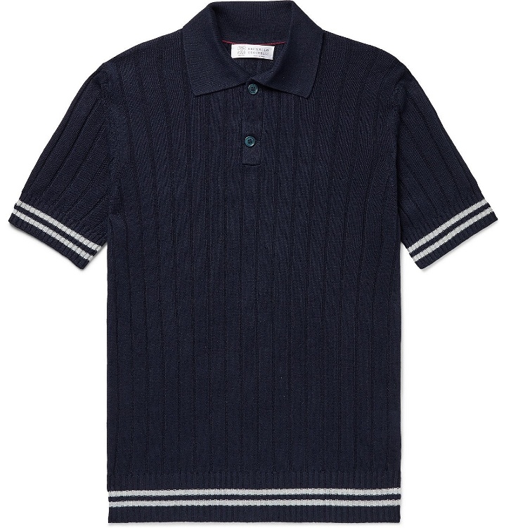 Photo: Brunello Cucinelli - Slim-Fit Ribbed Striped Linen and Cotton-Blend Polo Shirt - Blue