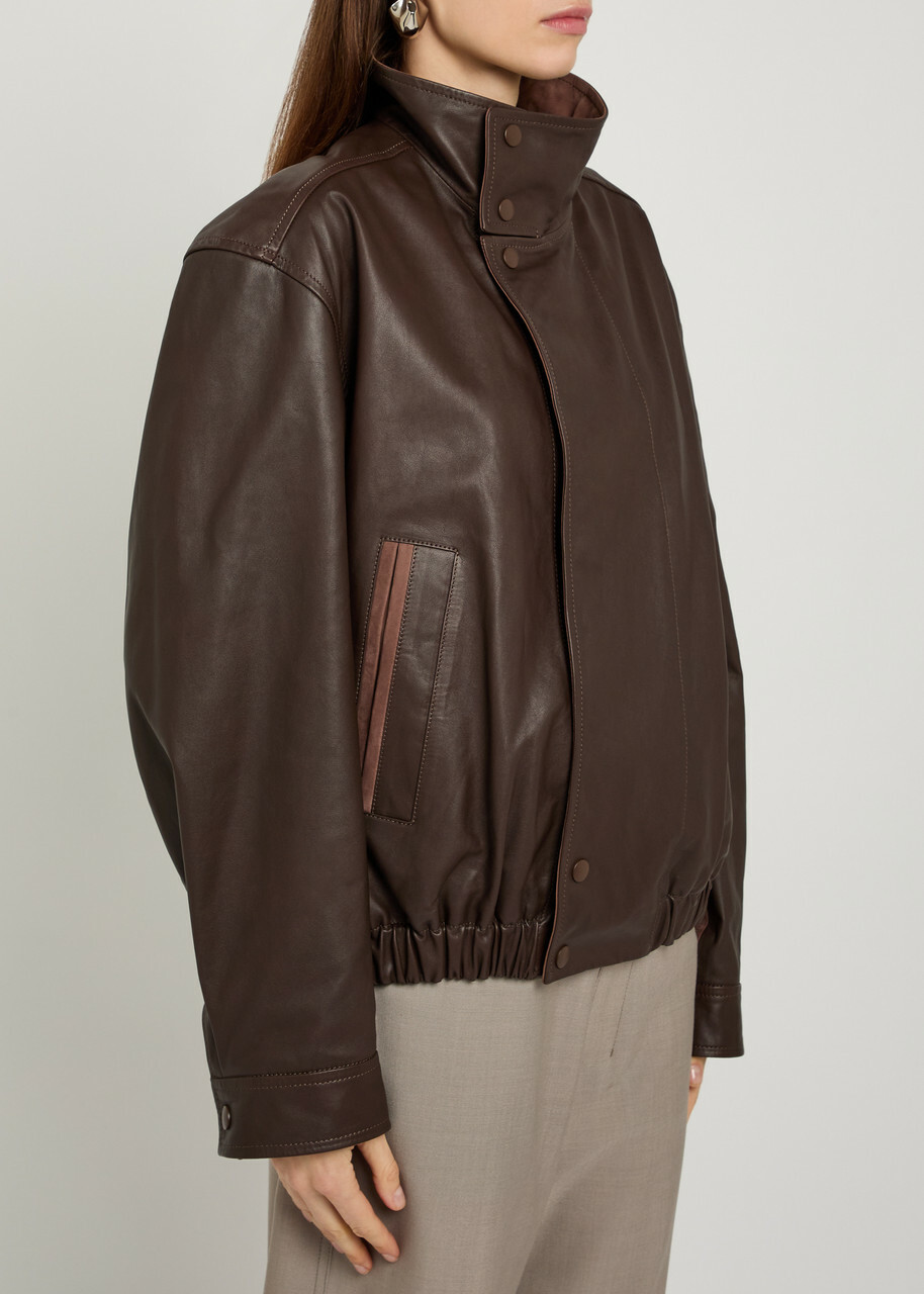 Lemaire High-neck Leather Jacket Chocolate