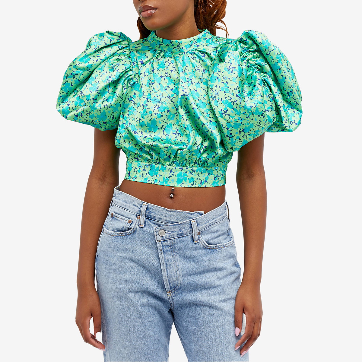 Rotate Women's Puff Sleeve Top in Clematis Blue Combi