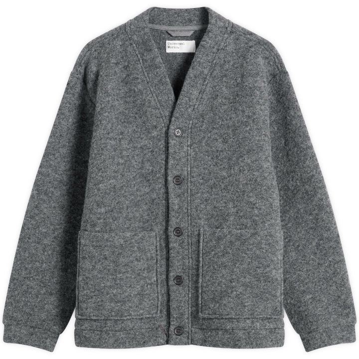 Photo: Universal Works Men's Wool Fleece Advance Cardigan in Grey Marl