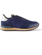 Valentino - Valentino Garavani Rockrunner Leather-Trimmed Suede and Mesh Sneakers - Blue